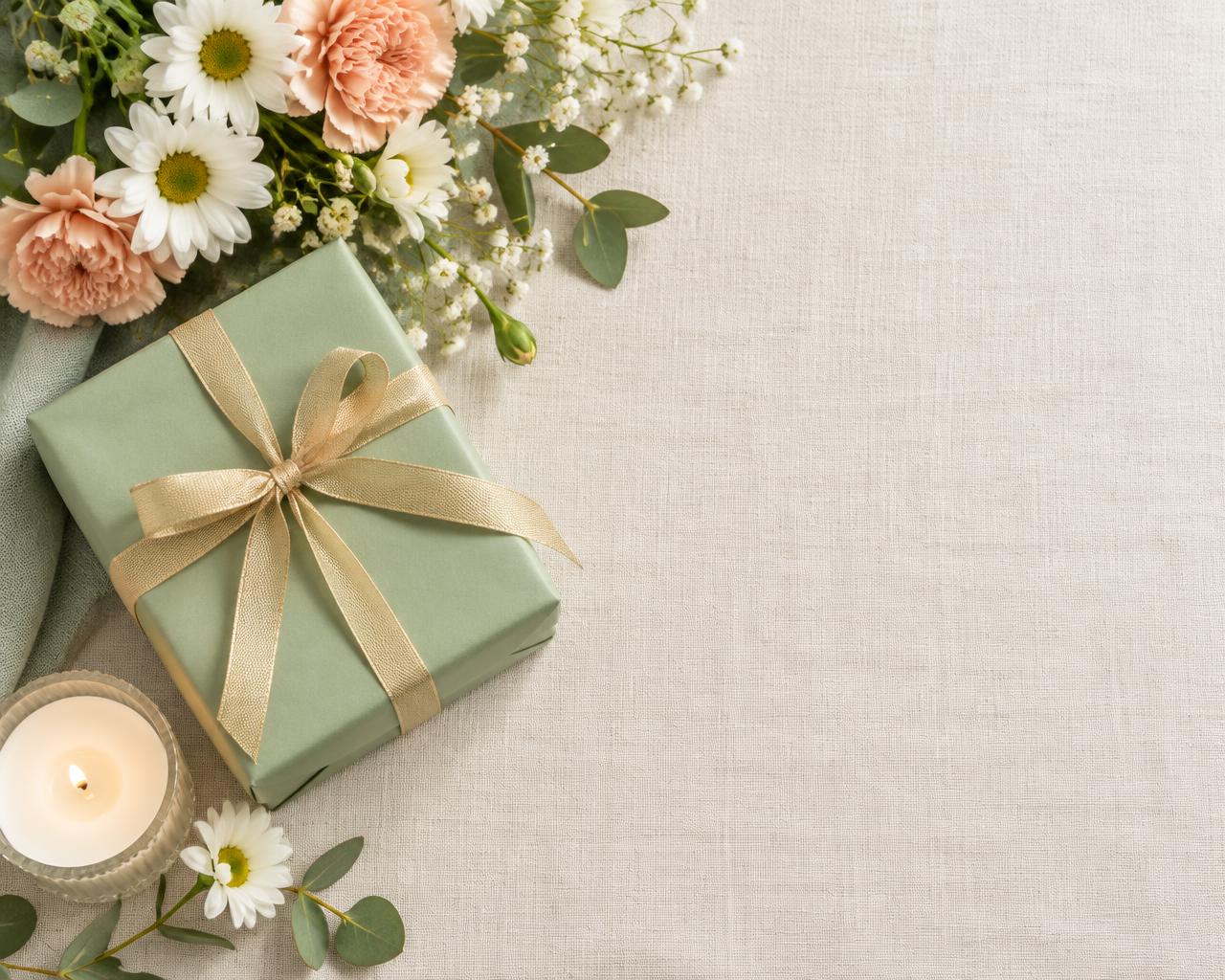 Geburtstagsgeschenk mit Blumen und einer Karte